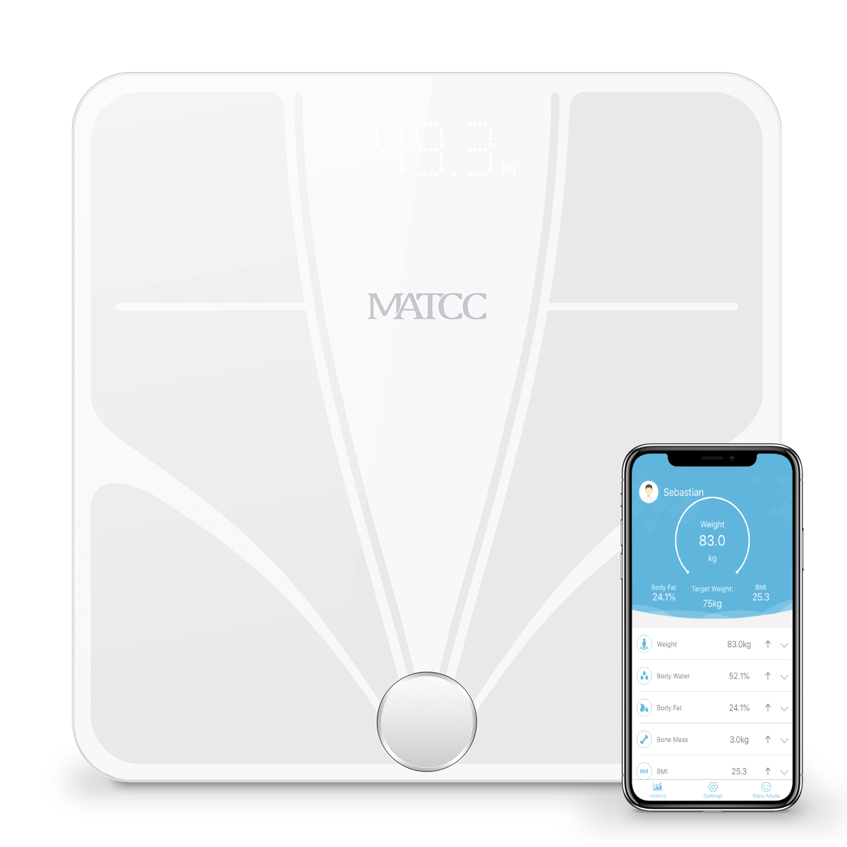 Bluetooth Body Fat Scale,Smart Scale Bathroom Digital Weight Scale with iOS  Android APP, Unlimited Users, Auto Recognition Body Composition Analyzer